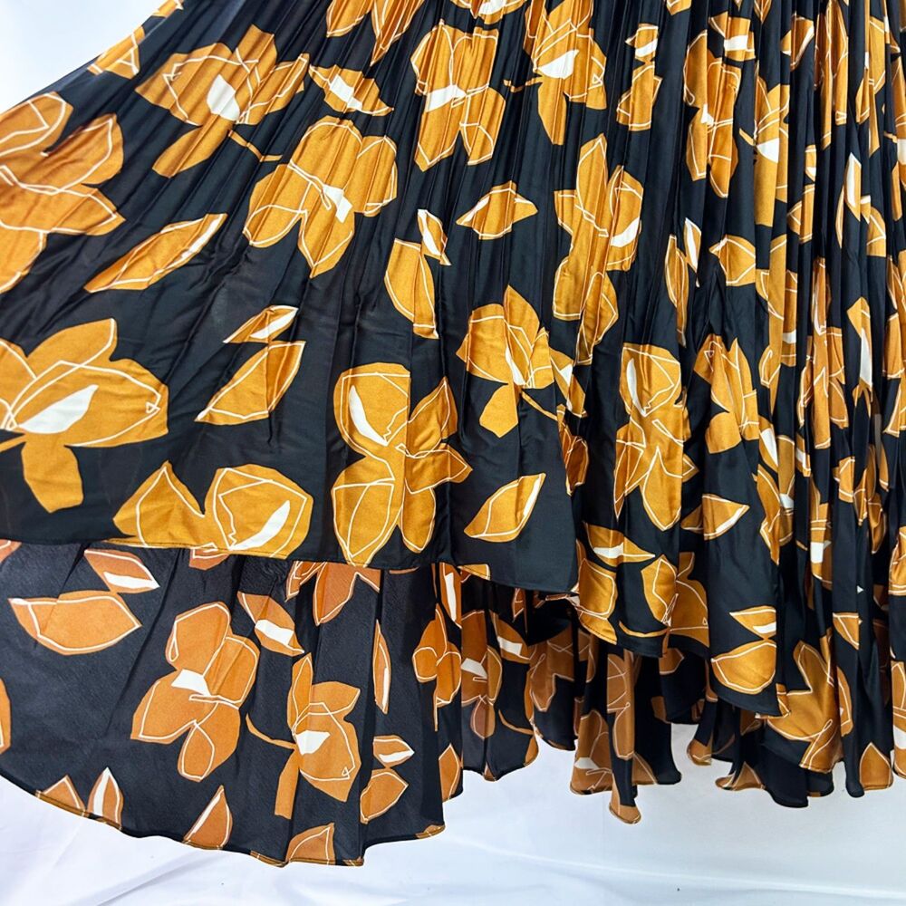 SIMKHAI Black & Gold Floral Ames Midi Dress (8) Pleated Plissé-Satin - Picture 9 of 16
